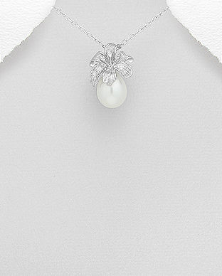 Pandantiv floare din argint cu perla alba de cultura 17-1-i6156A