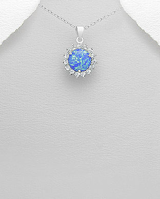 Pandantiv din argint model floare cu opal albastru si cubic zirconia 17-1-i53344