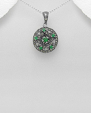 Pandantiv rotund din argint cu zirconia verde si marcasite 17-1-i62323