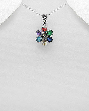 Pandantiv din argint floare cu petale colorate cubic zirconia si marcasite 17-1-i53257