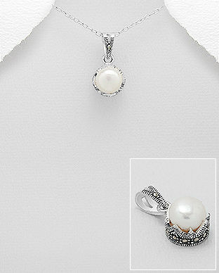 Pandantiv coroana din argint cu marcasite si perla de cultura 17-1-i53256