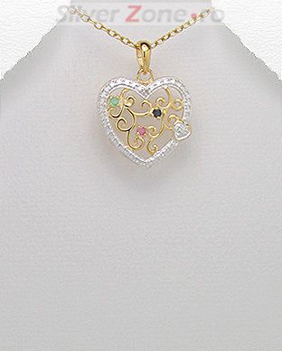 Pandantiv inima din argint placat cu aur decorata su safir, rubin, smarald 17-1-i39436