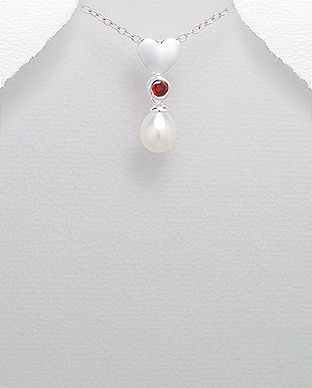 Pandantiv inimioara din argint cu perla de cultura si zirconia rosu 12-1-i5317R 