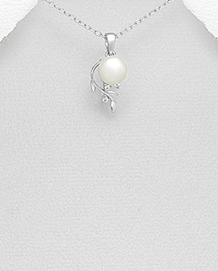 Pandantiv model crenguta din argint cu perla alba de cultura si zirconia 17-1-i6426