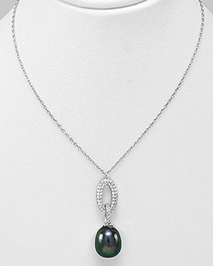 Lantisor si pandantiv din argint cu zirconia si perla de cultura neagra 14-1-i6416