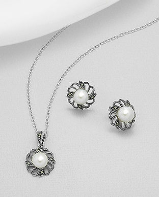 Set floare din argint cercei si pandantiv cu marcasite si perle de cultura 15-1-i53270