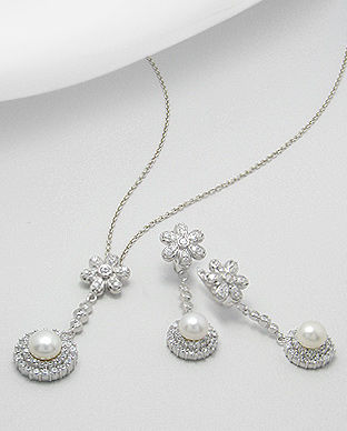 Set din argint cu perle de cultura si zirconia: cercei lungi si pandantiv 15-1-i2269