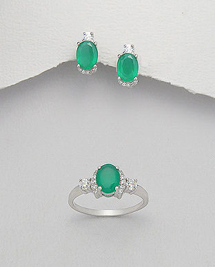Set: inel si cercei din argint cu agat verde 15-1-i44238