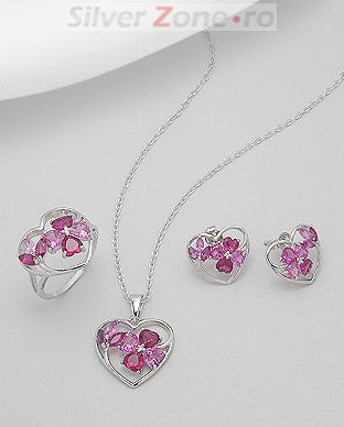 Set inima din argint cu pietre roz: inel, cercei, pandantiv 15-1-i39182