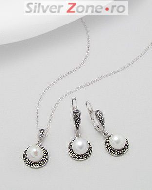 Set din argint cu marcasite si perla de cultura: cercei si pandantiv 15-1-i35229