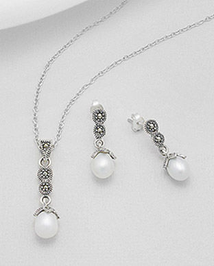 Set: cercei si pandantiv din argint cu marcasite si perla de cultura 15-1-i47258
