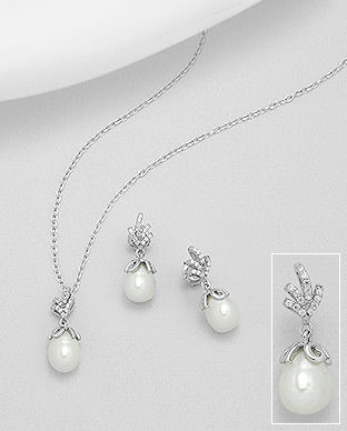 Set cercei si pandantiv din argint cu perle albe si cubic zirconia 15-1-i2957