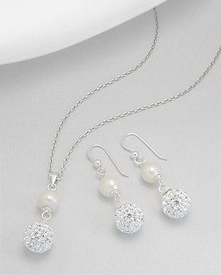 Set: cercei si pandantiv din argint cu perla alba de cultura si bila cu cristale 15-1-i27290