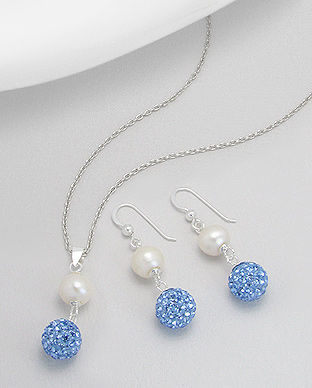Set: cercei si pandantiv din argint cu perla alba de cultura si bila cu cristale bleu 15-1-i27290B