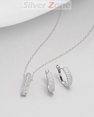 Set cu imitatii de diamante: cercei cu incuietoare si pandantiv din argint cu aspect de aur alb 15-1-i17237