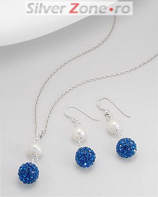 Set: cercei si pandantiv din argint cu perla alba de cultura si bila cu cristal albastru 15-1-i35371