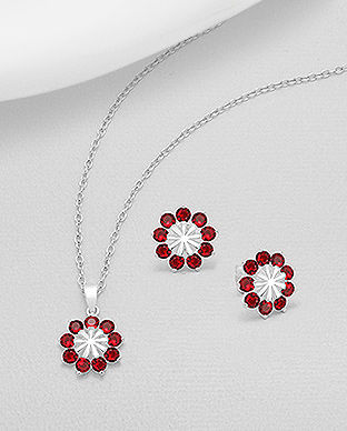 Set din argint: cercei si pandantiv model floare cu pietre rosii 15-1-i55245R