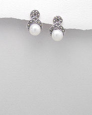 Cercei model cifra opt din argint cu marcasite si perla de cultura 11-1-i53230