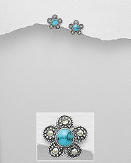 Cercei floricica din argint cu marcasite si piatra albastra 11-1-i53263
