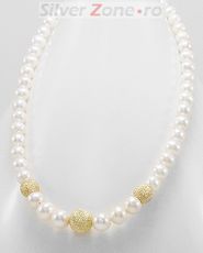 Colier cu bile din argint placat cu aur si perle albe de cultura 14-1-i3918