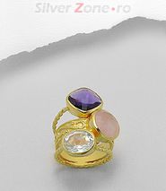 Inel placat cu aur cu pietre semipretioase: topaz transparent, cuart roz, ametist 32-2-i404