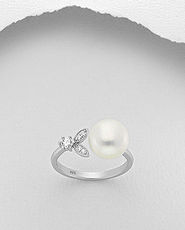 Inel din argint cu aspect de aur alb cu perla de cultura si imitatii de diamante 12-1-i1815