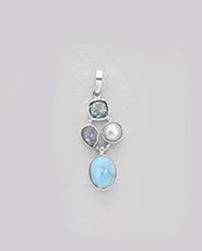 Larimar cu perla de cultura, topaz bleu, piatra lunii pandantiv din argint 17-1-i64339-36